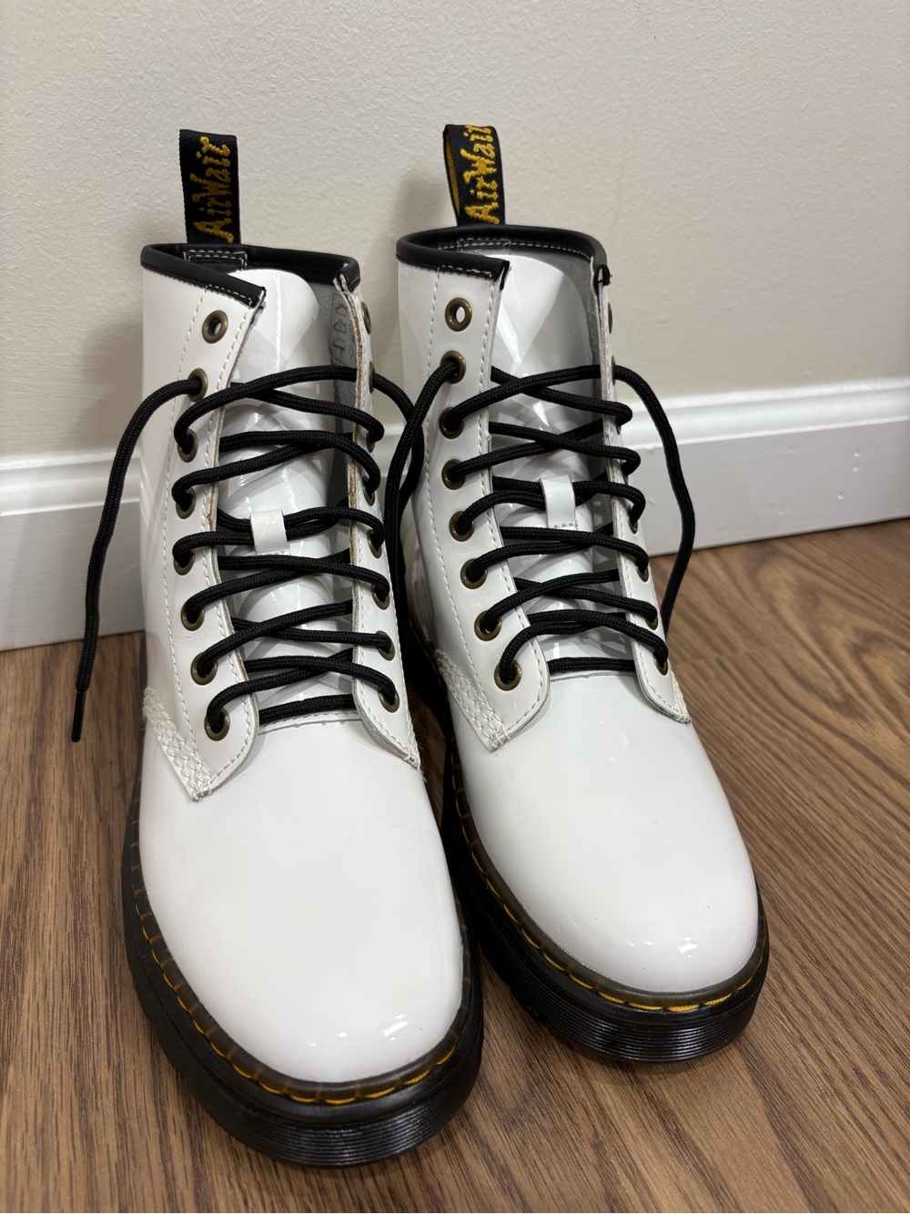 Dr. Martens Zavala White Leather Lace-Up Combat Boot with Black Laces 6M